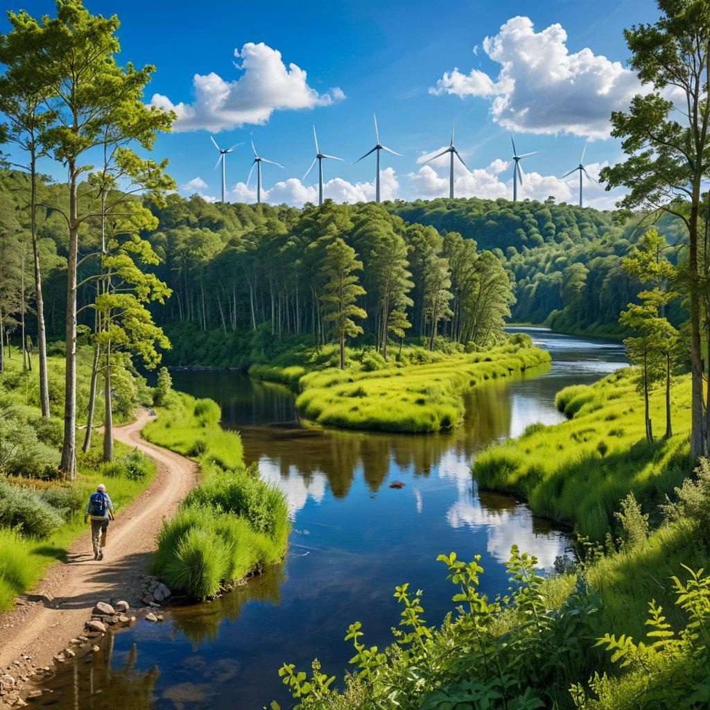 A breathtaking landscape showcasing a lush, green forest with diverse wildlife, illustrating sustainable land management practices. Incorporate a serene river flowing through the scene, with people engaging in eco-friendly activities like planting trees and hiking. The sky is bright and blue, symbolizing hope and harmony with nature. Include elements like solar panels and wind turbines in the background, highlighting renewable energy. vibrant colors. super-realistic.