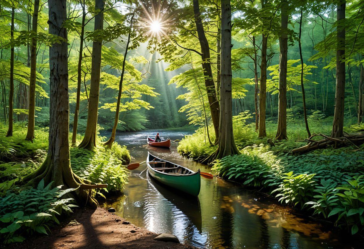 A breathtaking forest landscape showcasing tall, lush trees with sunlight filtering through the leaves, a serene path winding through the woods, and a couple engaging in sustainable practices like planting trees and foraging. In the background, a flowing river with a canoe adds a sense of adventure. The scene evokes a feeling of tranquility and connection with nature. vibrant colors. super-realistic.