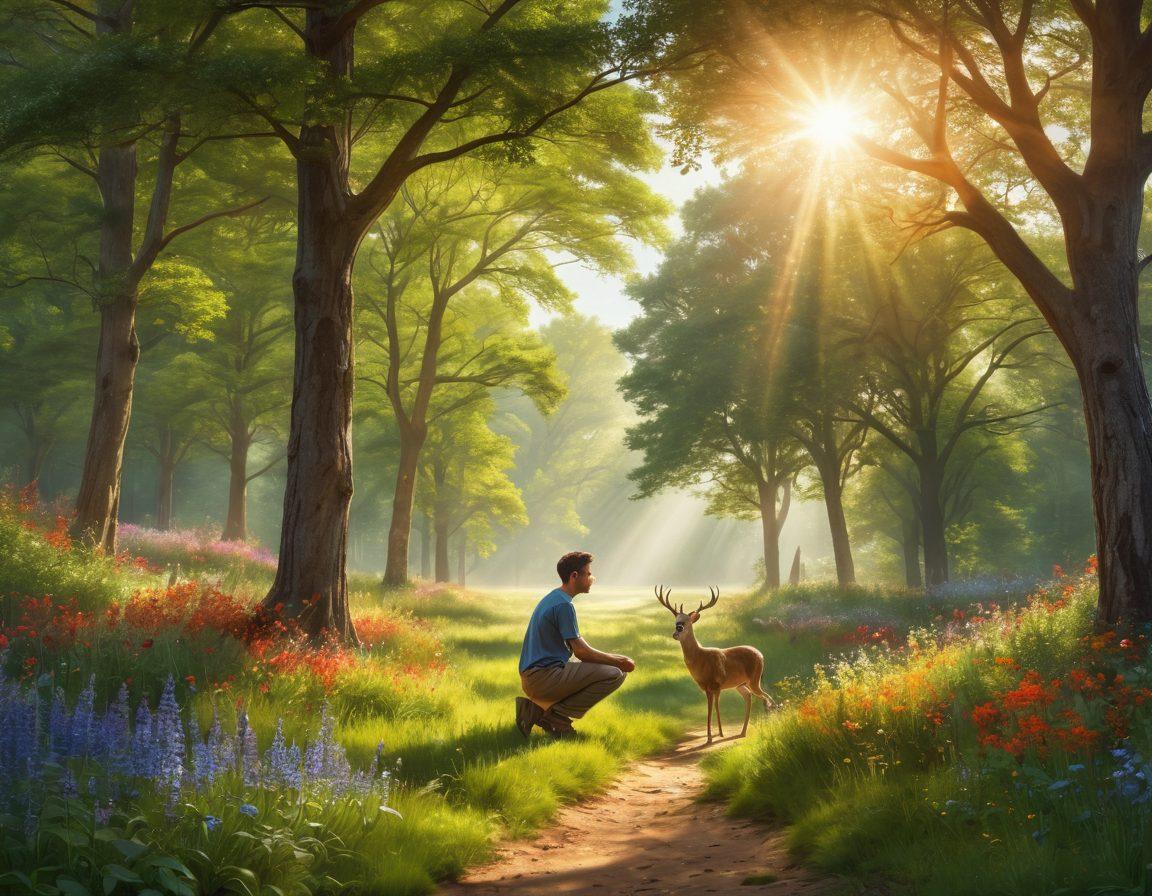 A serene forest scene showcasing diverse wildlife, including deer and birds, amidst lush green trees. A person in casual attire plants a sapling, symbolizing conservation efforts. Sunlight filters through the leaves, creating a warm, inviting atmosphere. The background features a variety of trees and a vibrant meadow with wildflowers. super-realistic. vibrant colors. nature-focused.